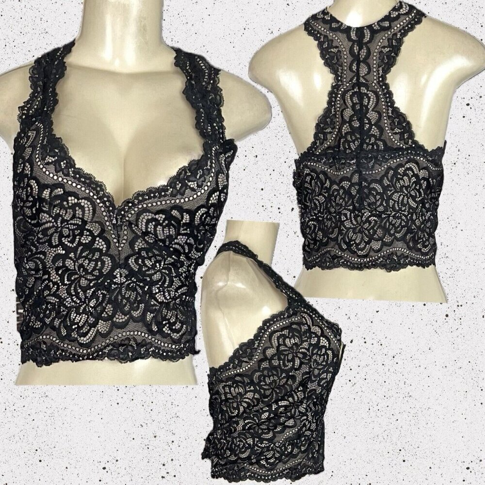 Torrid +5 Black Lace Mesh Nude Lined Racerback Fixed Strap Wireless Bralette